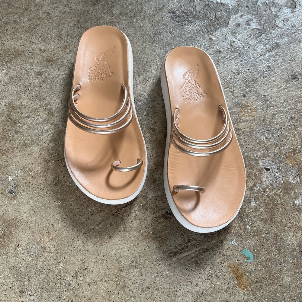 Ancient Greek Sandals Tan Leather Slide Sandals with Metallic Straps